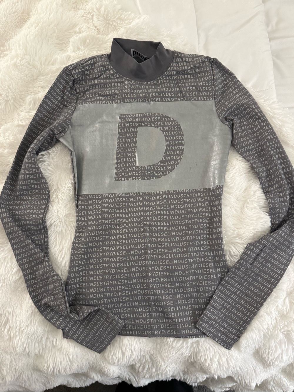 Diesel Gray Logo-Print Long Sleeve Mock Neck Top